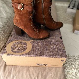 Rust colored distressed “Born” zip side, lace up bootie in size 7.5